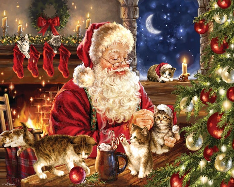 Springbok Christmas Kittens 1000 piece Jigsaw Puzzle for Adults and Kids Features Santa Clause Playing with Adorable Kittens - Image 1